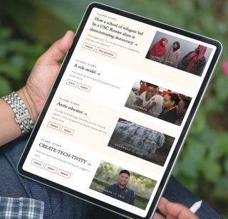 A collection of alumni outcomes from the USC Rossier website displayed on a tablet.