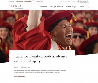 The top of the USC Rossier homepage displaying a hero image of a graduating student