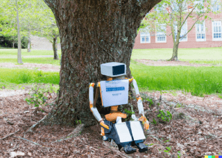 A robot sitting under a tree