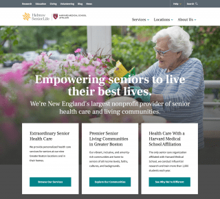 The header and hero image section of the Hebrew SeniorLife homepage