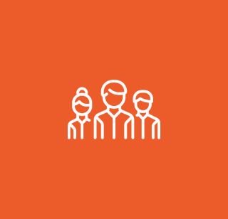 An icon with 3 people displayed on an orange background