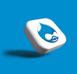 The Drupal logo on a 3D tile