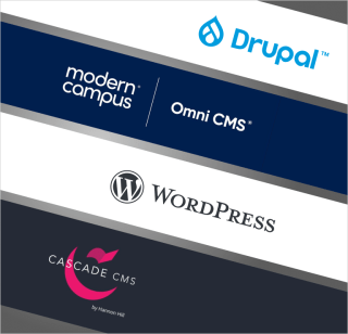 The Drupal, Modern Camps, Wordpress, and Cascade CMS logos displayed on top of each other