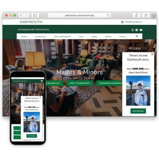 Personalized pop-ups displayed on the Dartmouth Admissions website