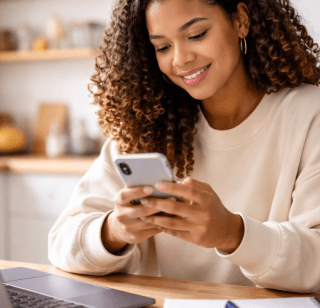 Girl on her phone in front of a laptop