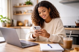 Girl on her phone in front of a laptop