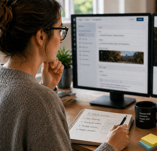 Woman in front of a computer CMS