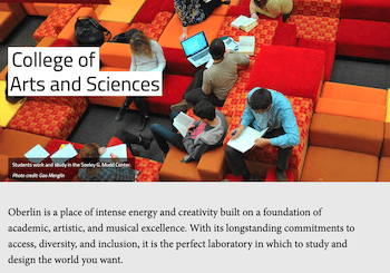 Oberlin website screen shot – college of arts and science