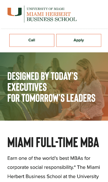 A business school landing page example displayed on a mobile device