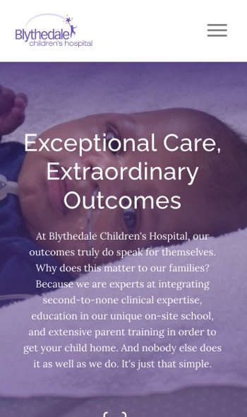The Blythedale Children's Hospital homepage displayed on a mobile device