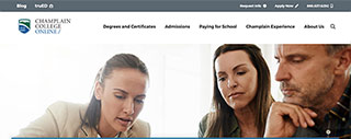 Screenshot of the champlain college online website. Its the Accounting Associates degree page, and shows the navigation, and hero image